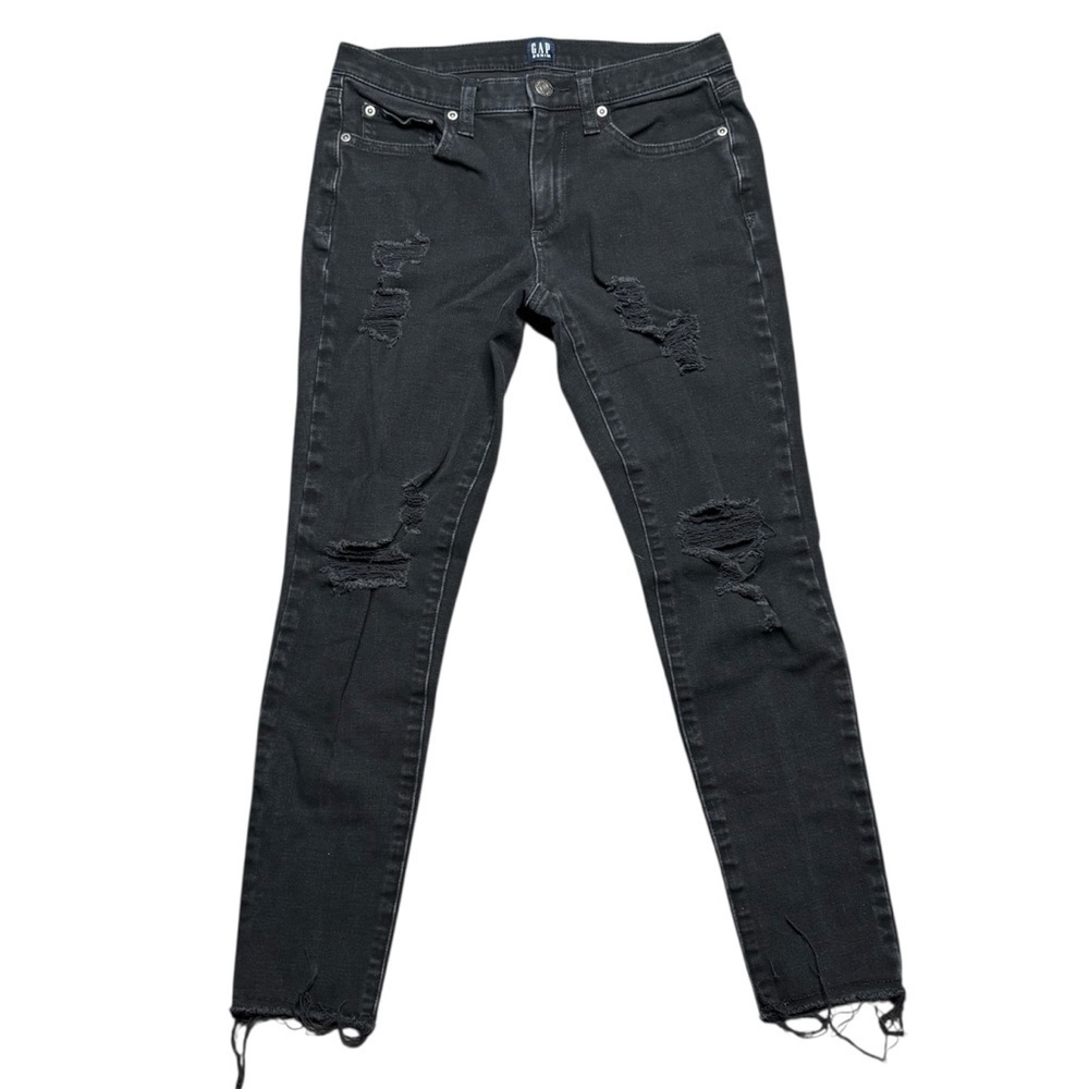 GAP Women's Distressed Worn Black Skinny Jeans Raw Hem Size 27